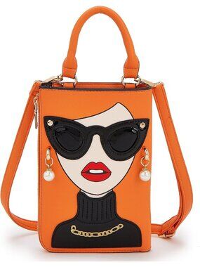 Women OrangeWhite Novelty Lady Face PU Leather ShoulderBag Handle Satchel Clutch